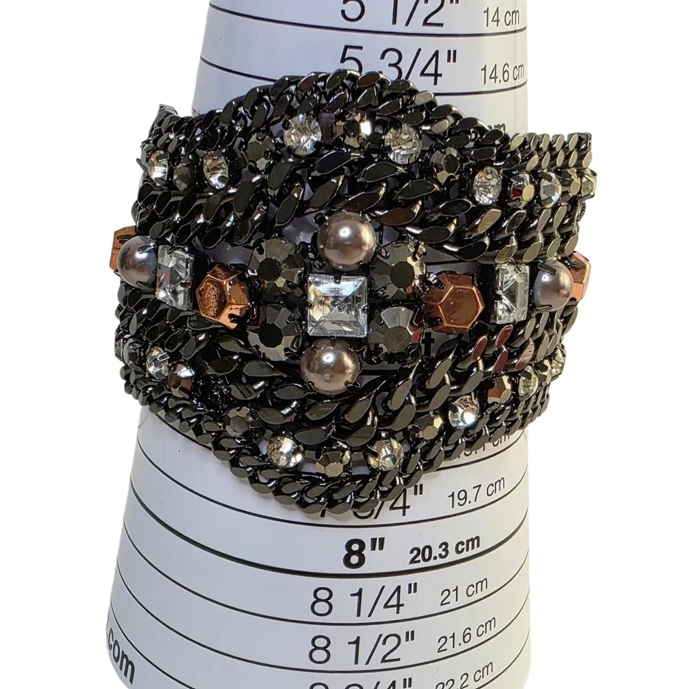 Chunky Modernist Statement  Bracelet Gunmetal Rhinestone Goth Dark Academia $120